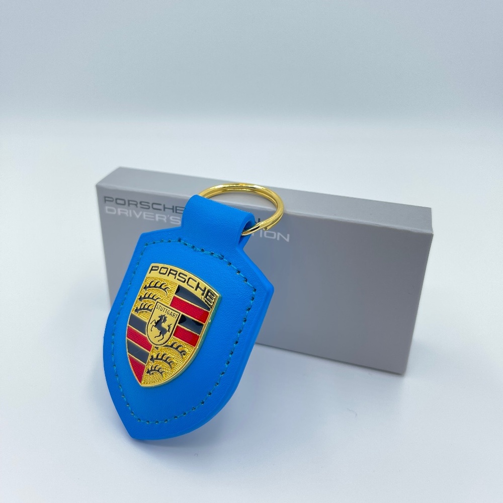 Porsche leather keychain key fob GT3 blue new with box